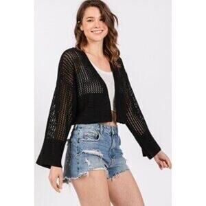 Anthropologie black cropped open knit bell sleeve cardigan One Size